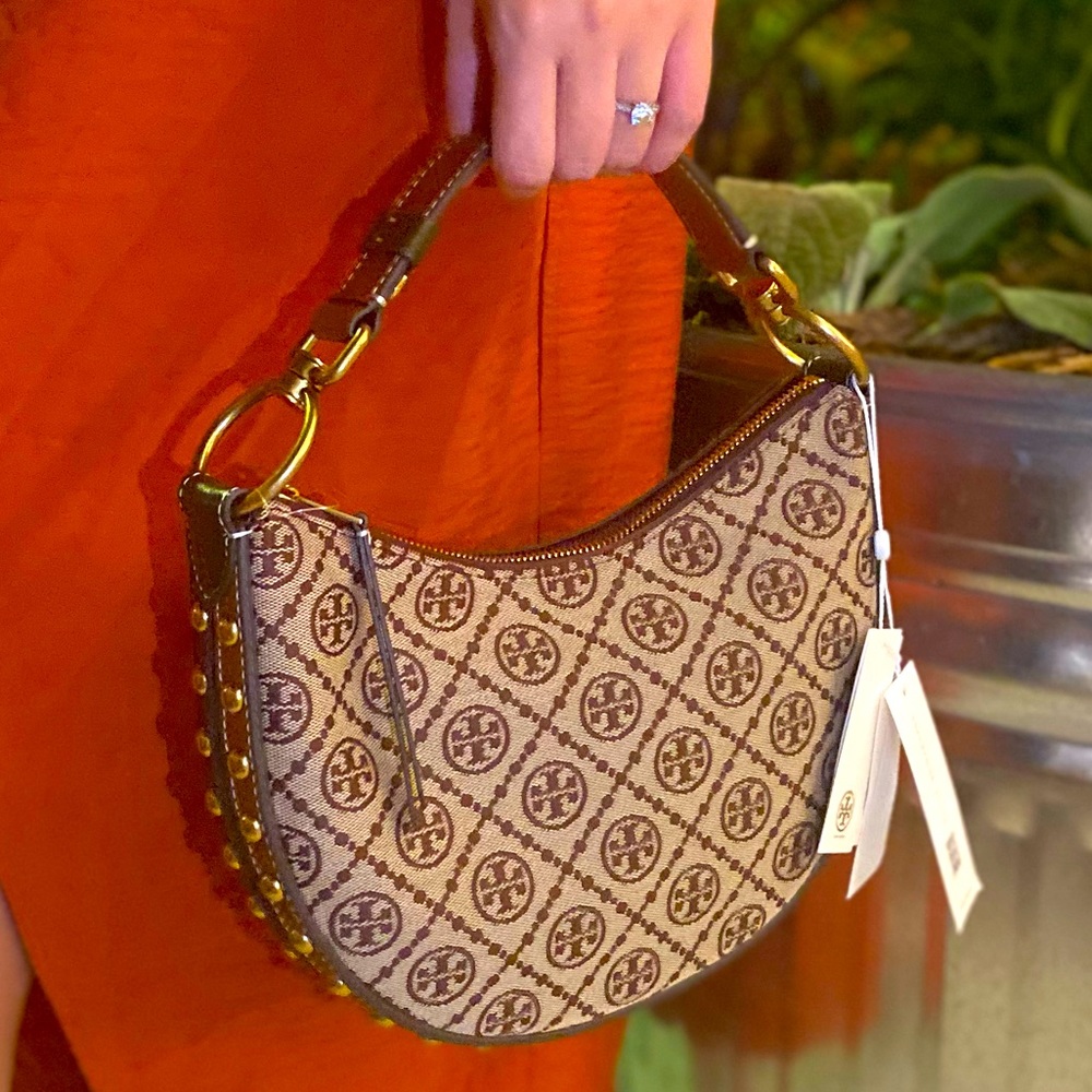 🔥NWT Tory Burch T Monogram Jacquard Studded Mini Crescent Bag